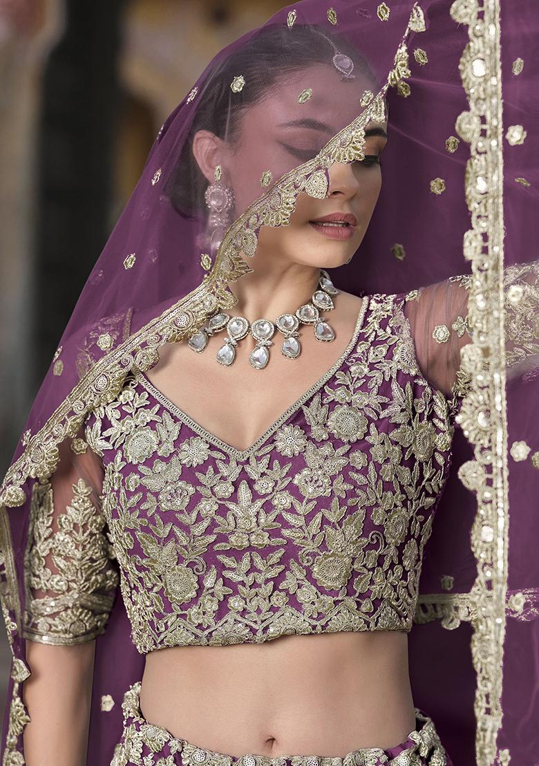 Purple Embroidered Net Lehenga Set
