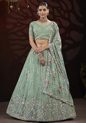 Green Embroidered Net Lehenga Set
