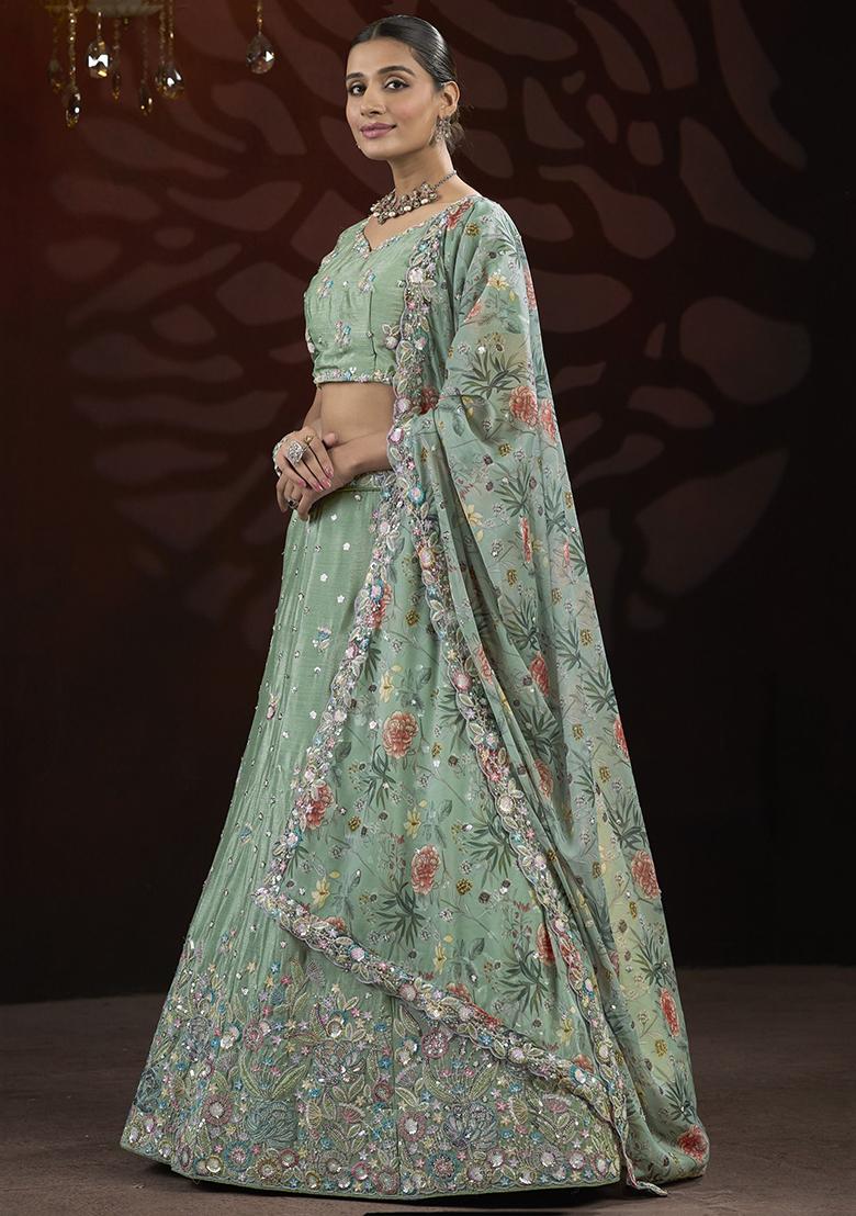 Green Embroidered Net Lehenga Set