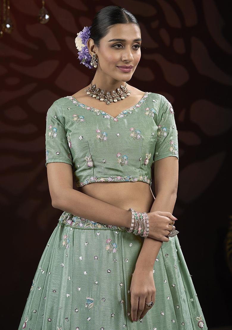 Green Embroidered Net Lehenga Set