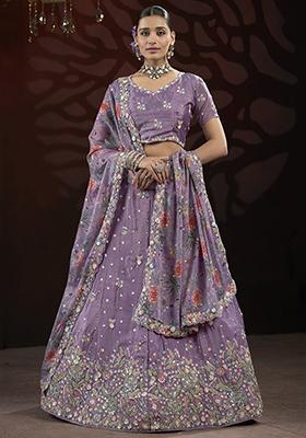 Purple Embroidered Net Lehenga Set