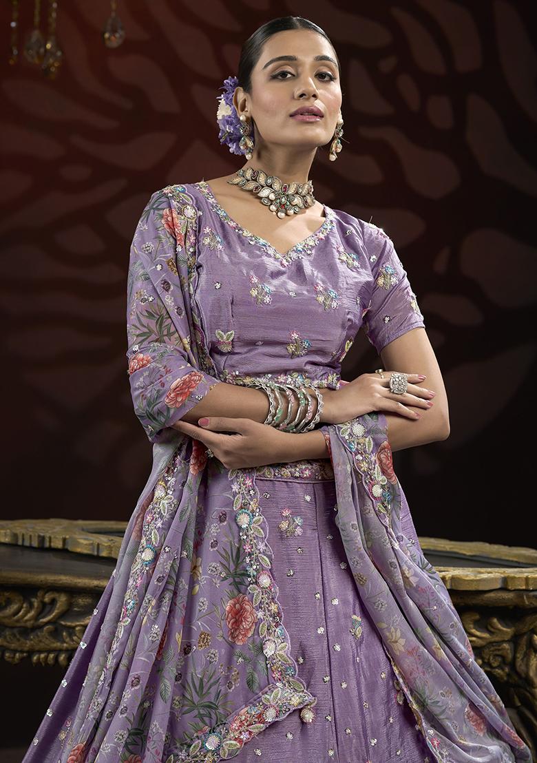 Purple Embroidered Net Lehenga Set