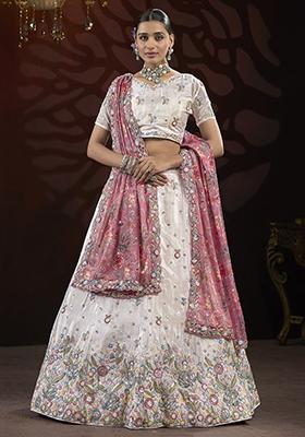 Off White Embroidered Net Lehenga Set