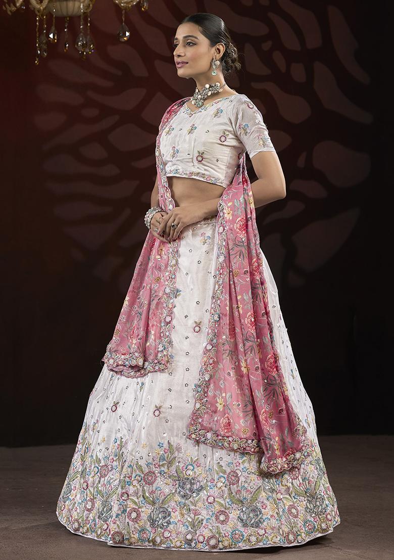 Off White Embroidered Net Lehenga Set
