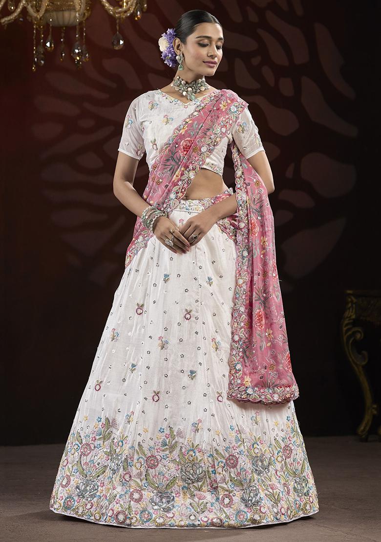 Off White Embroidered Net Lehenga Set