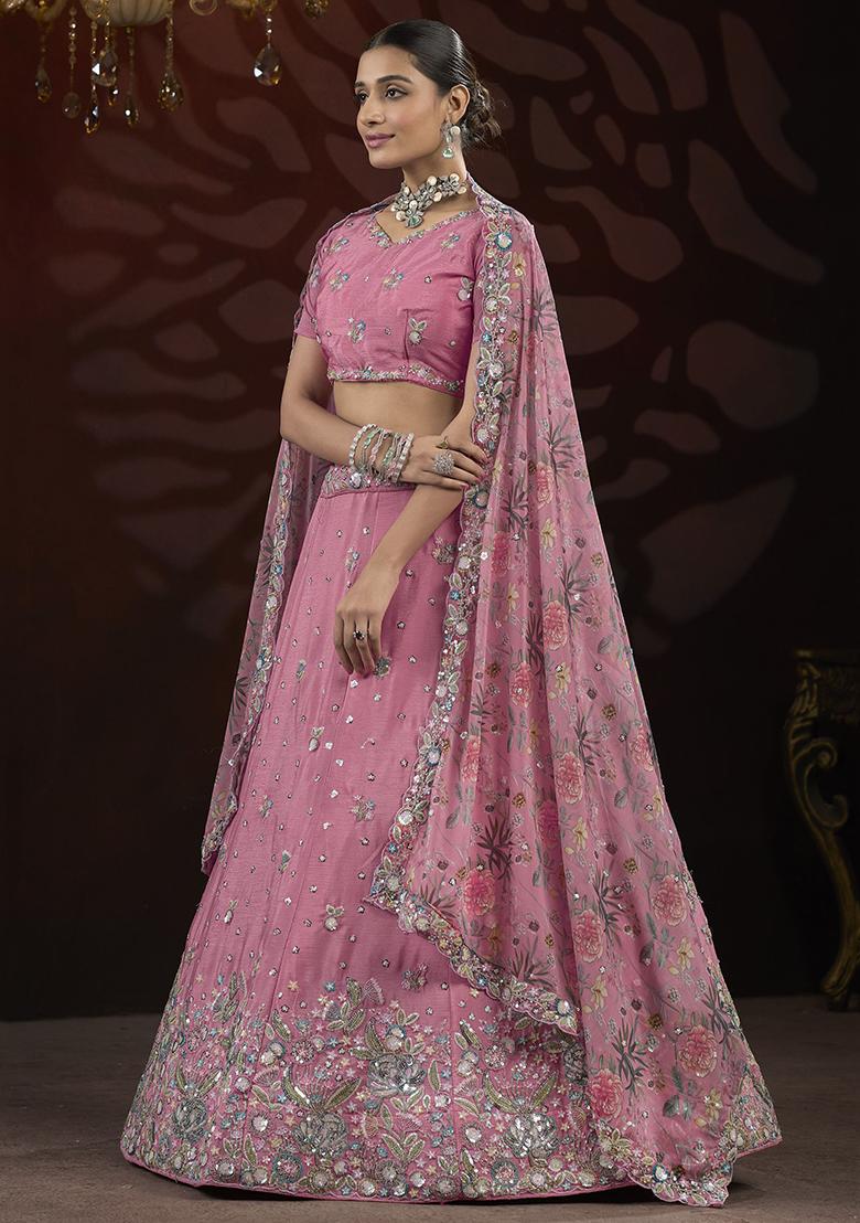 Pink Sequin Embroidered Net Lehenga Set