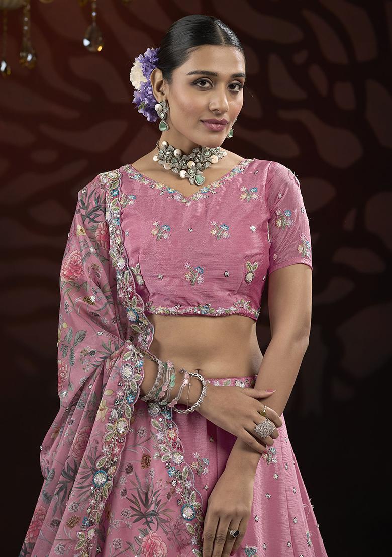 Pink Sequin Embroidered Net Lehenga Set