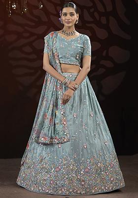 Blue Embroidered Net Lehenga Set