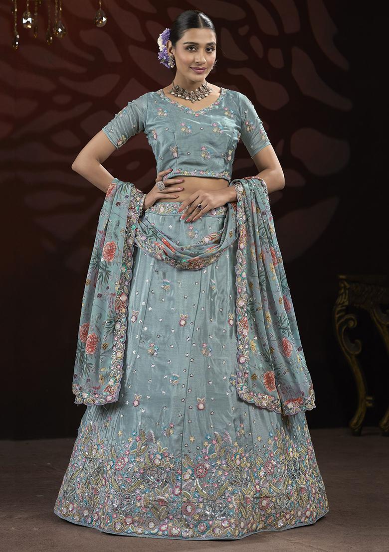 Blue Embroidered Net Lehenga Set