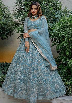 Sky Blue Embroidered Net Lehenga Set