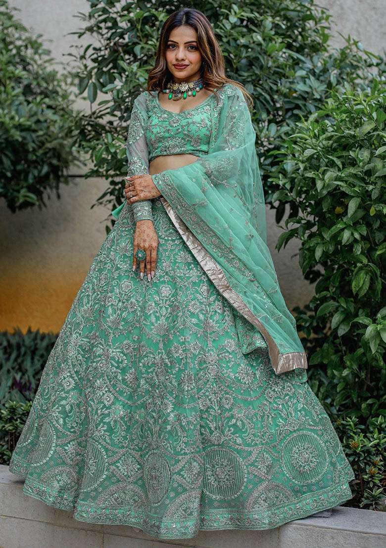 Sky Blue Net Lehenga Set with Embroidered for Diwali | Wedding & Festive Wear - Indya
