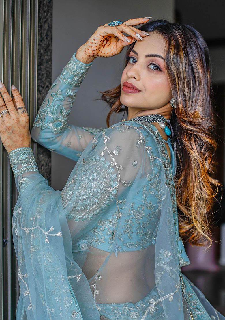 Sky Blue Embroidered Net Lehenga Set