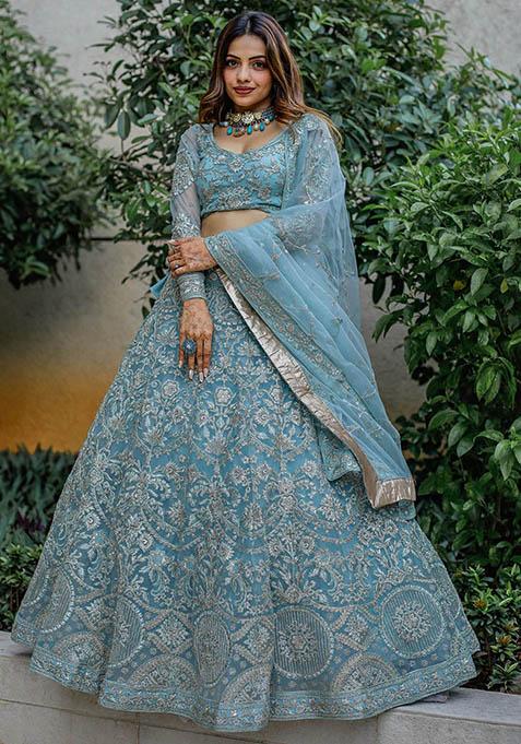 Sky Blue Embroidered Net Lehenga Set