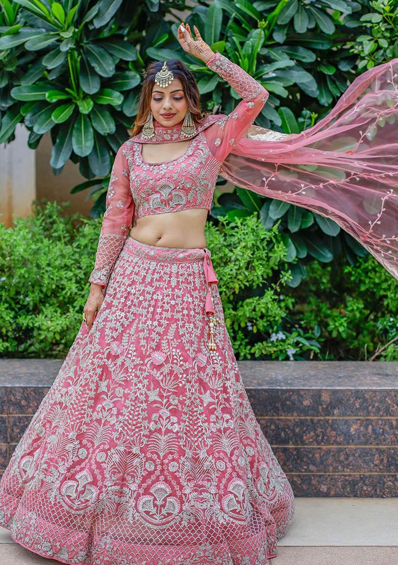 Pink Embroidered Net Lehenga Set