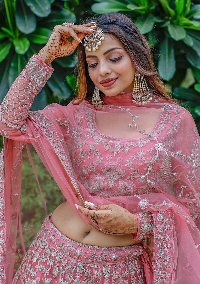 Pink Embroidered Net Lehenga Set