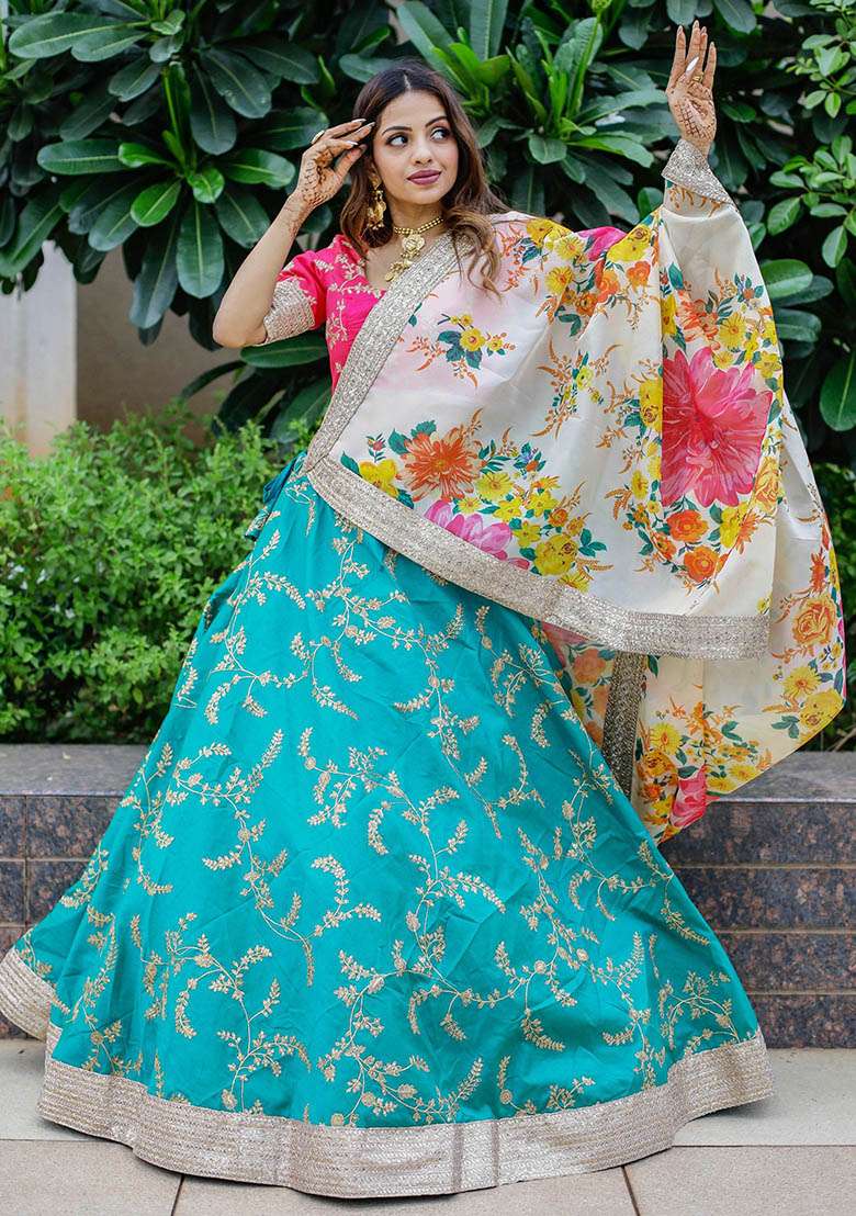 Green Blend Art Silk Lehenga Set with Embroidered & Sequin for Diwali | Wedding & Festive Wear - Indya