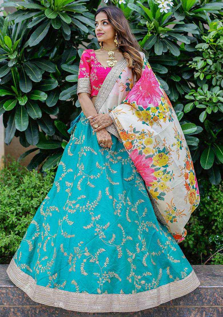 Green Blend Art Silk Lehenga Set with Embroidered & Sequin for Diwali | Wedding & Festive Wear - Indya