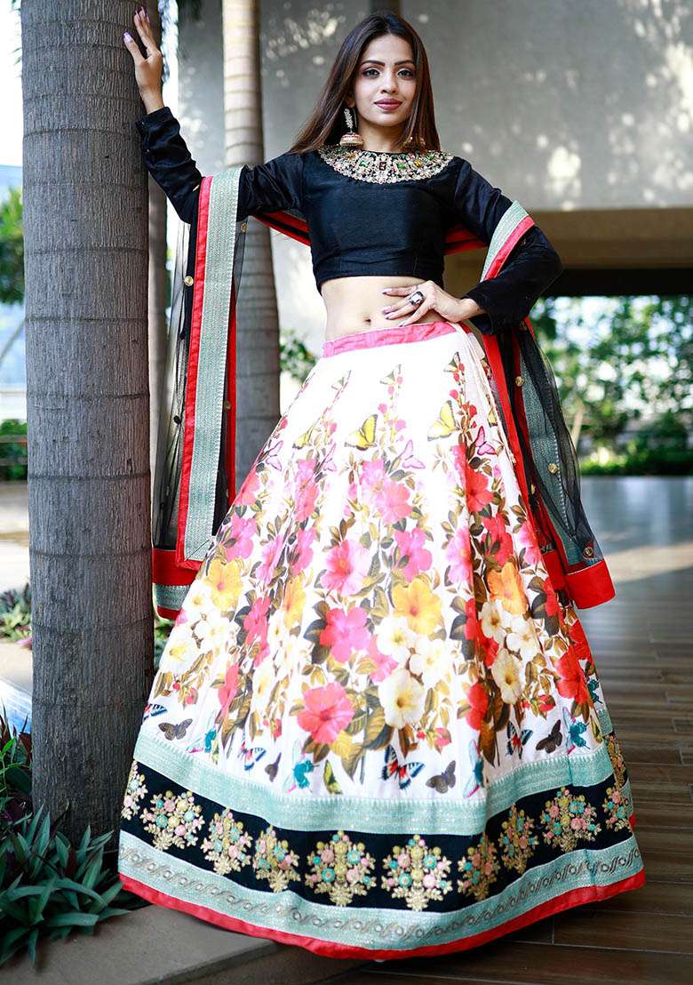 Multicolour Floral Print Silk Blend Lehenga Set for Diwali and Festive Wear - Indya