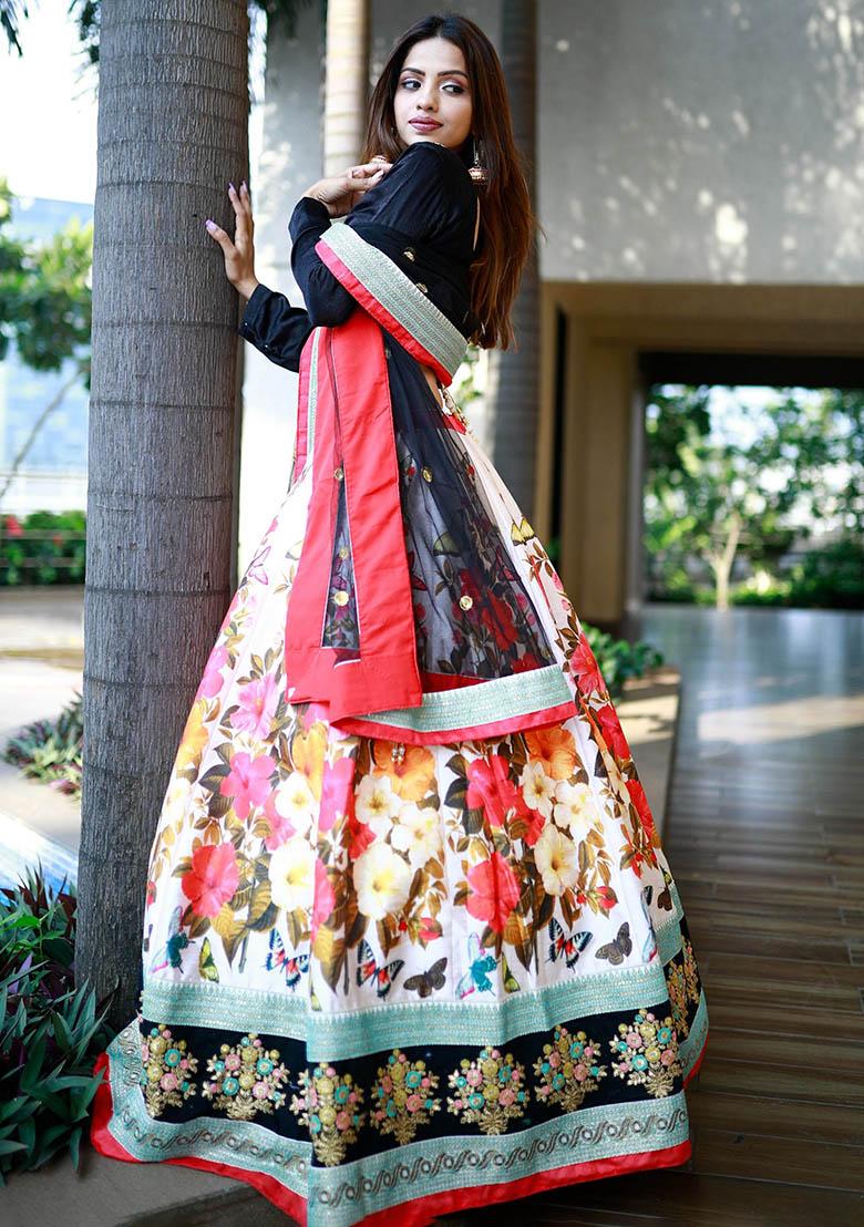 Multicolour Floral Print Silk Lehenga Set