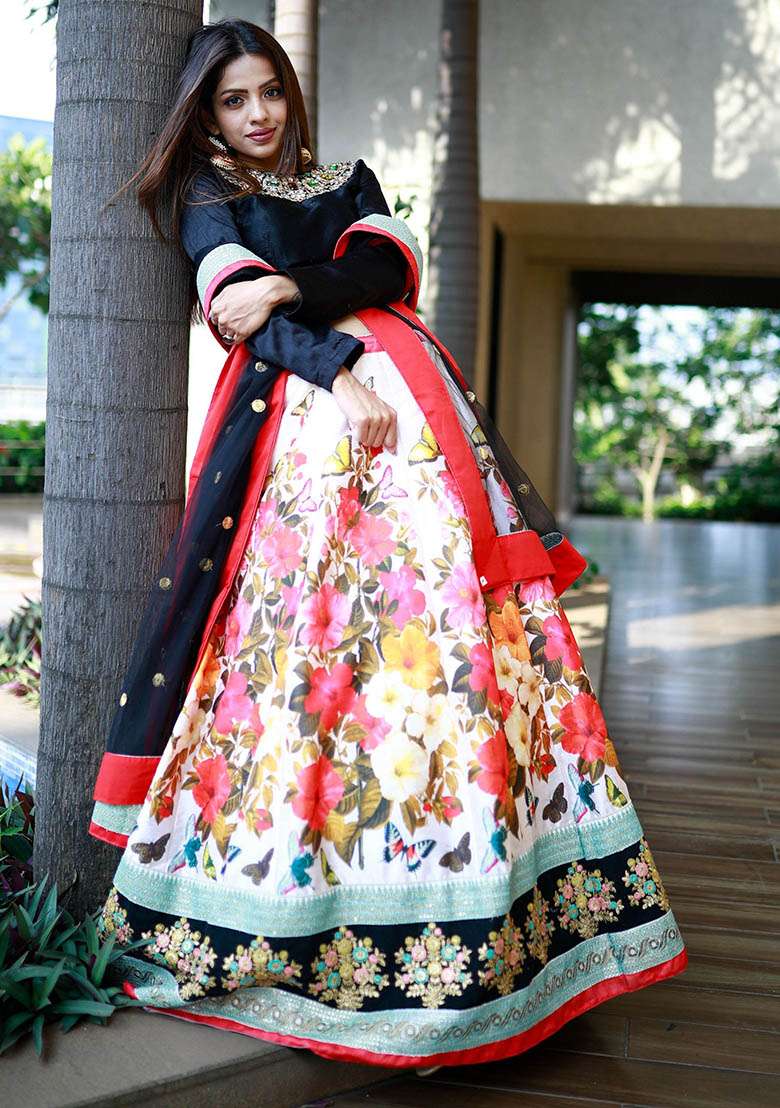Multicolour Floral Print Silk Blend Lehenga Set for Diwali and Festive Wear - Indya