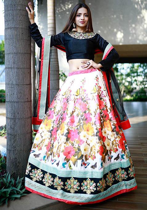Multicolour Floral Print Silk Lehenga Set