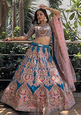 Blue Embroidered Velvet Lehenga Set