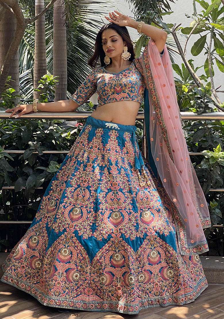 Blue Velvet Lehenga Set with Embroidered for Diwali | Wedding & Festive Wear - Indya