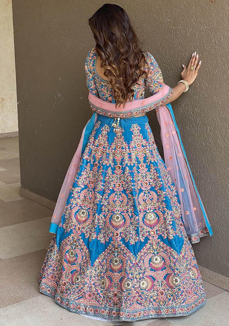 Blue Embroidered Velvet Lehenga Set