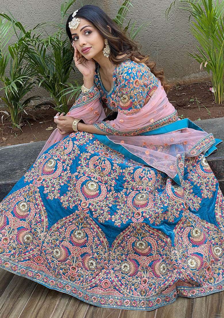 Blue Velvet Lehenga Set with Embroidered for Diwali | Wedding & Festive Wear - Indya
