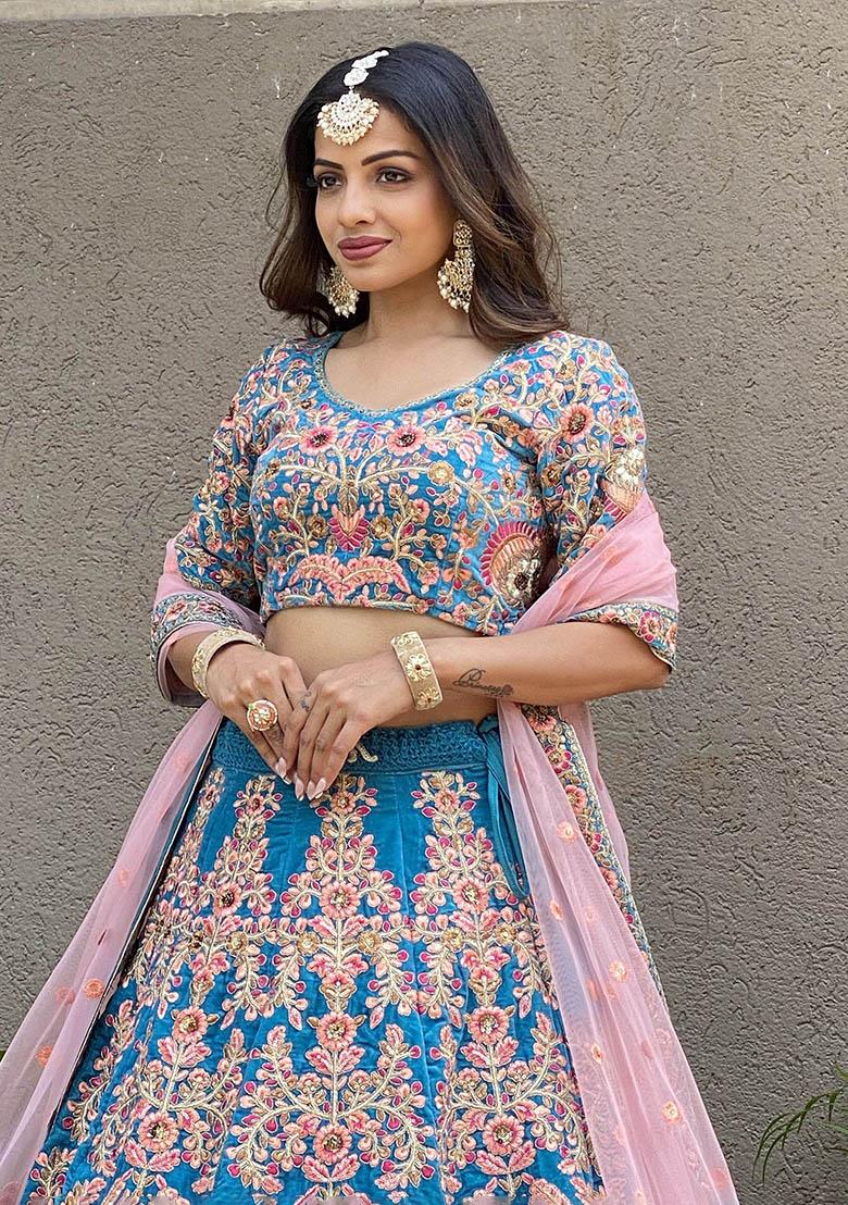 Blue Embroidered Velvet Lehenga Set