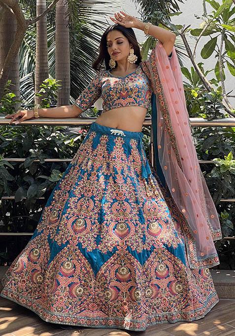 Blue Embroidered Velvet Lehenga Set