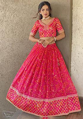 Pink Floral Print Organza Lehenga Set