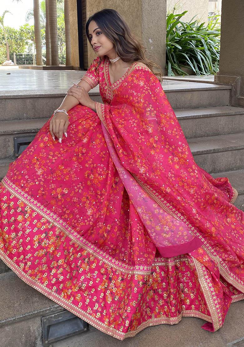 Pink Floral Print Organza Lehenga Set
