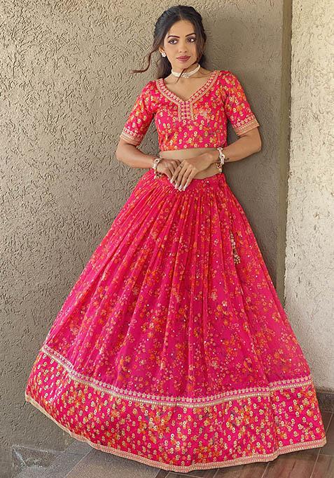 Pink Floral Print Organza Lehenga Set