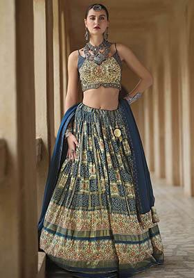 Navy Blue Bandhani Print Silk Lehenga Set