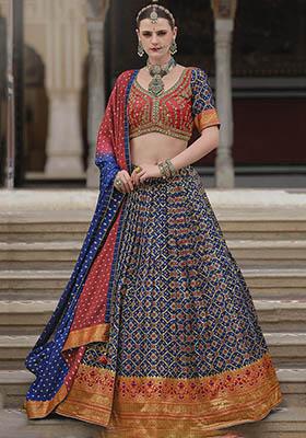 Navy Blue Zari Weaving Silk Lehenga Set