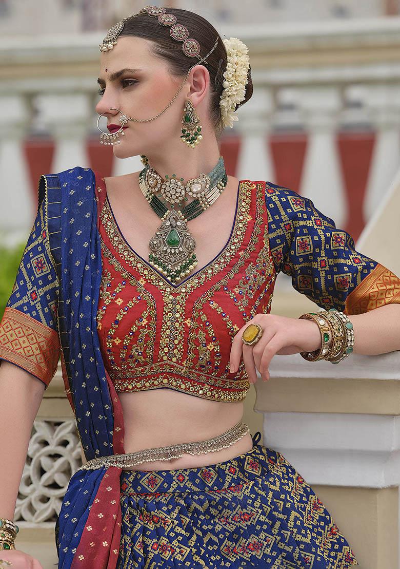 Navy Blue Zari Weaving Silk Lehenga Set