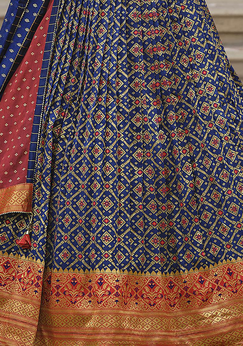 Navy Blue Zari Weaving Silk Lehenga Set