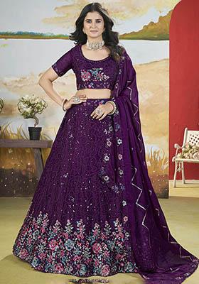 Purple Sequin Embroidered Chinon Lehenga Set