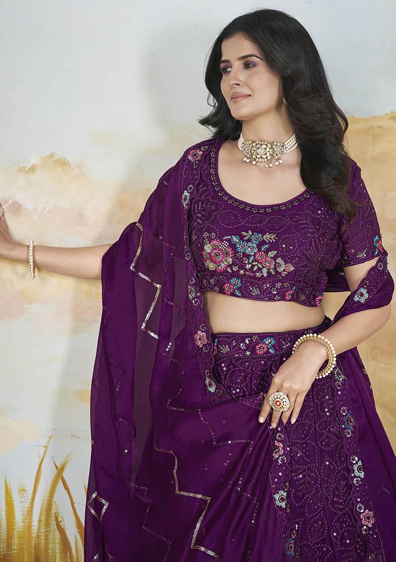 Purple Sequin Embroidered Chinon Lehenga Set