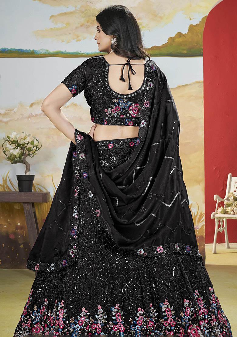 Black Sequin Embroidered Chinon Lehenga Set