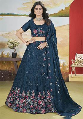Blue Sequin Embroidered Chinon Lehenga Set