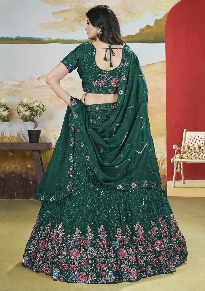 Green Sequin Embroidered Chinon Lehenga Set