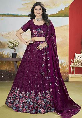 Purple Sequin Embroidered Chinon Lehenga Set