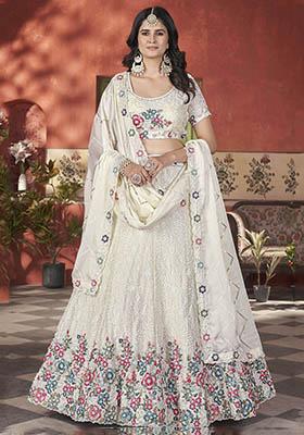 Beige Sequin Embroidered Chinon Lehenga Set
