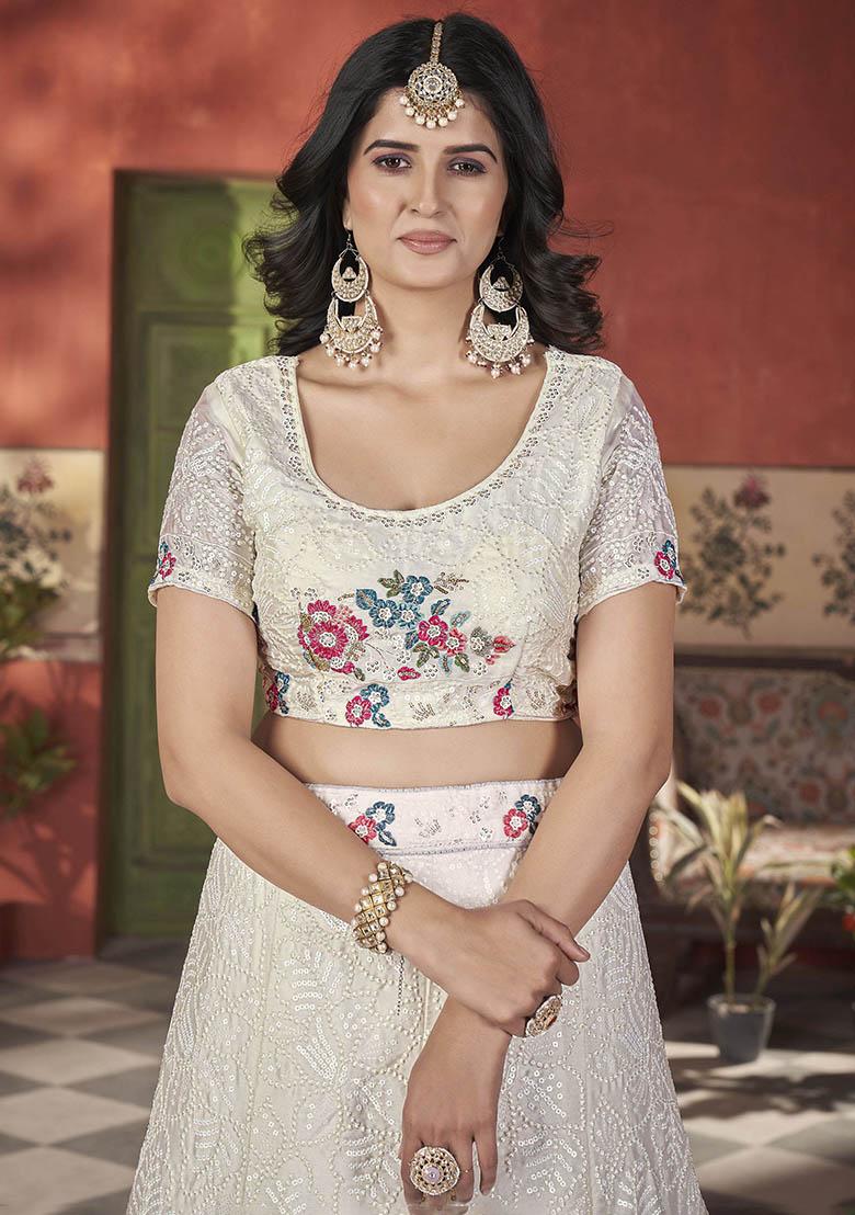 Beige Sequin Embroidered Chinon Lehenga Set