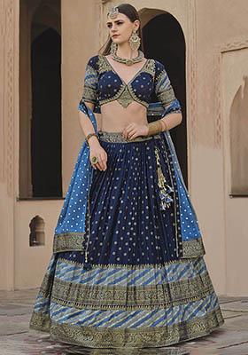 Navy Blue Printed Silk Lehenga Set