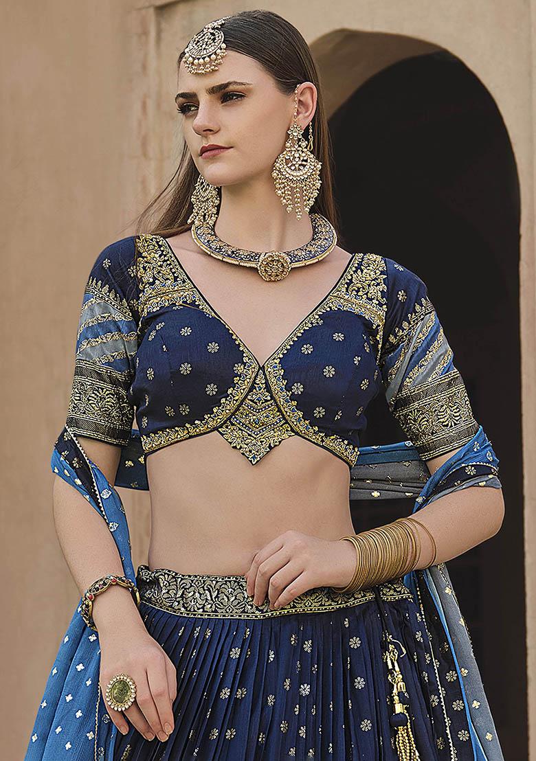 Navy Blue Printed Silk Lehenga Set