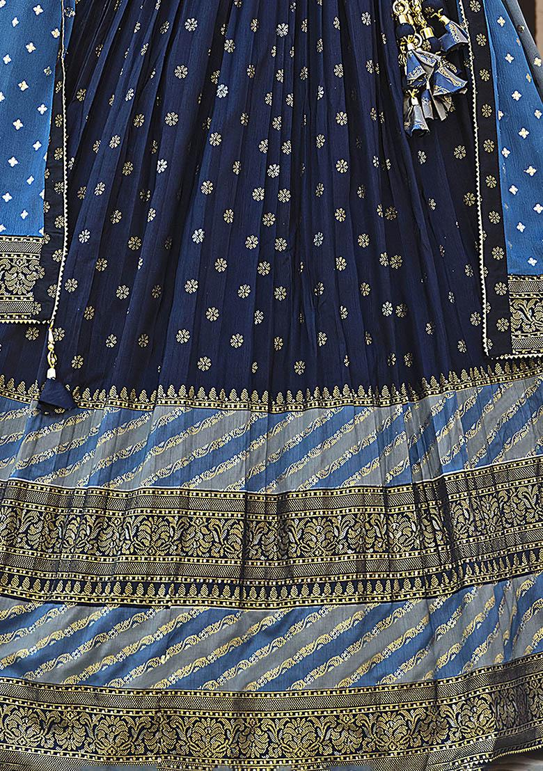 Navy Blue Printed Silk Lehenga Set