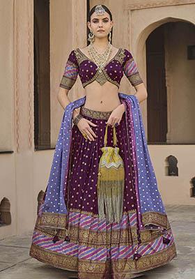 Purple Printed Silk Lehenga Set